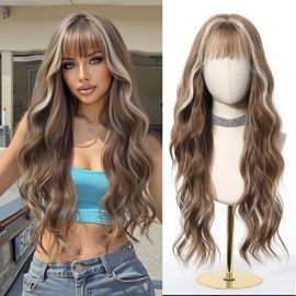 Esmee Long Wavy Highlights Light Brown Wigs for Women Natural Synthetic Hair Heat Resistant Wigs with Bangs for Daily Party Cosplay Use-26 Inches