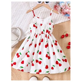 RoseSeek Girl's Cheery Print Cute Sundress Sleeveless Ruffle Hem Summer Cami Dresses White 7Y