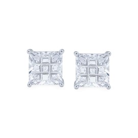 Invisible Cut Square Princess Cut CZ Checkboard Cubic Zirconia Prong Basket Set Stud Earrings .925 Sterling Silver