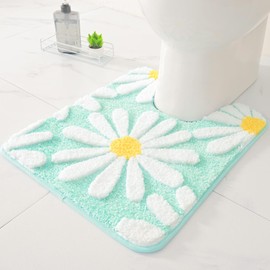 QJHOMO Toilet Rugs U Shaped, Green Toilet Mat Cute Daisy Contour Bath Rug 20"x24", Extra Thick Soft Machine Washable Toilet Carpet, Non Slip Bathroom Floor Mats Super Absorbent Microfiber Bath Rugs