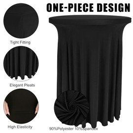 Fivenl 2 Pack Spandex Cocktail Table Skirt 32"x 43" Black Stretch Cocktail Table Cover, Washable Round High Top Tablecloth for Bar, Wedding, Party, Events (Black)
