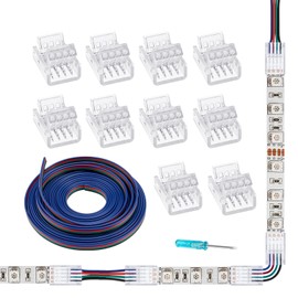 GXILEE 4 pin LED Strip Light Connector 10 Pack Solderless Track Lighting Connectors and 16.4ft 22 Gauge LED Extension Cable for 10mm Wide 4pin 2835 5050 RGB Strip Lights