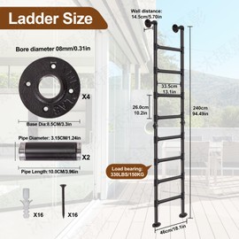 7.9FT Egress Ladder for Basement Window Well, 8-Step Wall/Floor Mounted Metal Ladder, 330lbs Load Capacity, Heavy-Duty for Indoor Outdoor Use, High Entrance Loft Attic Bunk Bed – Black