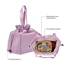 Stylish Reusable Drawstring Insulated Lunch Tote Bag Cinch Closure Lunch Carrying Bag For Women work with functional pockets (purple)