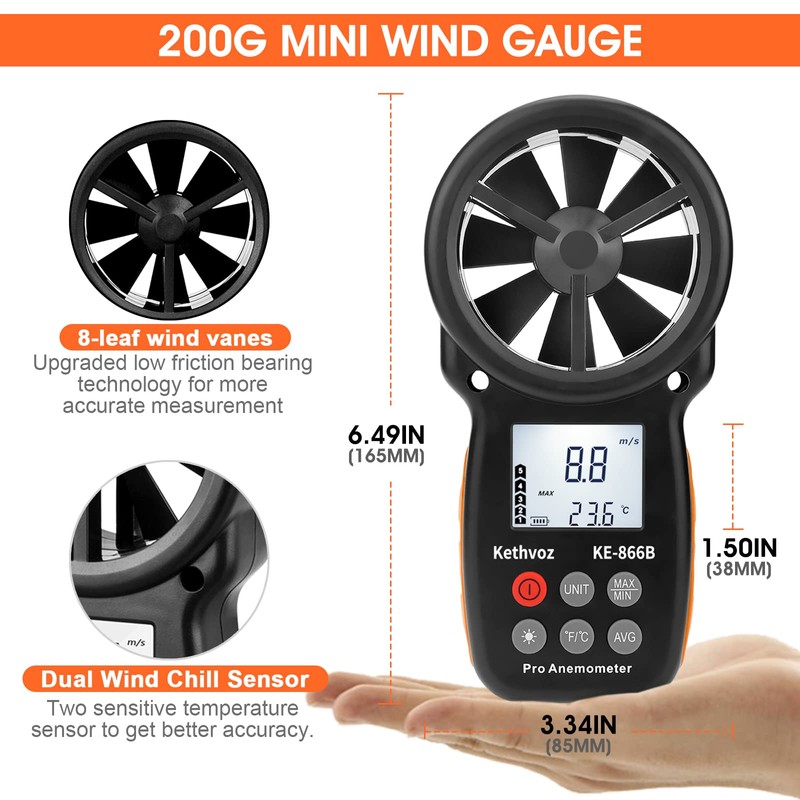 Anemometer Handheld Wind Speed Meter, Kethvoz Digital Air Flow Meter