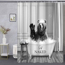 Funny Bear Shower Curtain Cute Bear Waving Hand Say Hello Bubbles in Bathtub Farmhouse Wildlife Wooden Bathroom Decor Fabric Curtains with Hook 70Wx70H Inches
