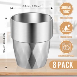 Mimorou 8 Pack 10 oz Stainless Steel Cups Pint Cup Metal Double Layer Insulated Drinking Beer Water Tumblers Camping Reusable Mugs for BBQ Home Office Outdoor Party Hot Cold Drink