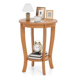 Giantex Round End Table, Retro Nightstand with Storage Shelf & Solid Wood Legs, 24.5" Accent Side Table for Small Spaces, Wood Bedside Night Stand for Living Room Bedroom, Walnut
