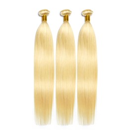 PROTEA Hair Weave Straight, 22 24 26 Inch Human Hair Weft, 12A Brazilian Hair Extensions for Women, 613 Platnum blond 3 Bundle