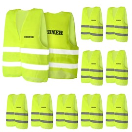 jiawaggag Pack of 10 High Visibility Vest with Print Folder Safety Vests Yellow Safety Vest Folder Signal Vest Reflective Strips XL, Fluorescent yellow