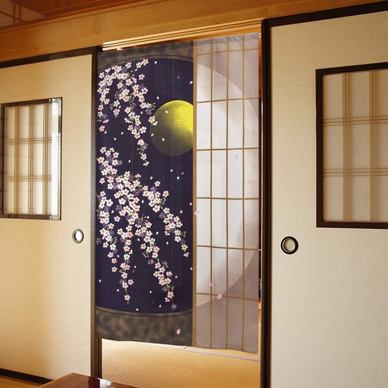 Noren Workshop 2107 Noren Cherry Blossom Moon Japanese Style Tapestry,