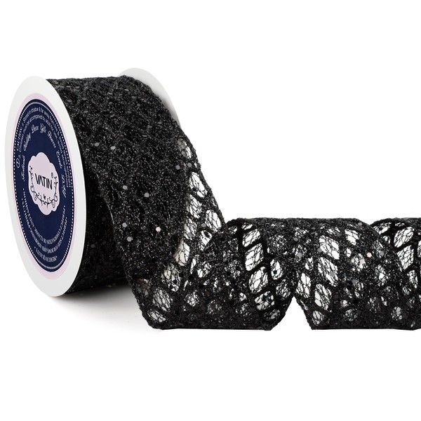 VATIN 2-1/2" Black Christmas Ribbon, Black Glitter Mesh Diamond Web