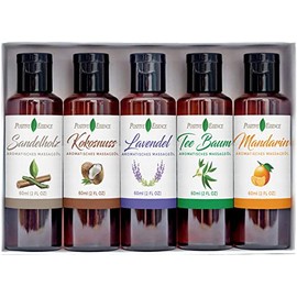 Massage Oil Set for Massage Therapy, Therapeutic Organic Massage Oils, Relieve Stress, Vegan Friendly, Made with Pure Essential Oils, Jojoba, Vitamin E, and Sweet Almond for Skin, 5 x 60ml
