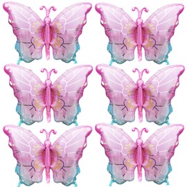 6 Pieces 32 Inches Pink Butterfly Balloons – Large Iridescent Gradient Butterflies Foil Mylar Balloons for Birthday, Baby Shower, Garden Party, Spring Decorations, and Wedding Supplies