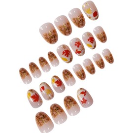 24pcs Fall Press on Nails Short Oval Maple Leaf Fake Nails with Gold Glitter Designs Autumn False Nails Fiery Red Maple Leaves Acrylic Nails Thanksgiving Full Cover Glue on Nail for Women Manicure