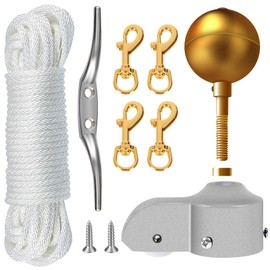NQ Flagpole Hardware Repair Parts Kit-50Ft Halyard Rope 3" Gold Ball+6" Zinc Alloy Cleat+4PCS Metal Swivel Snap Clips+Aluminum Alloy Flagpole Truck with Nylon Pulley for 1.6"-2" Diameter Flagpole Top
