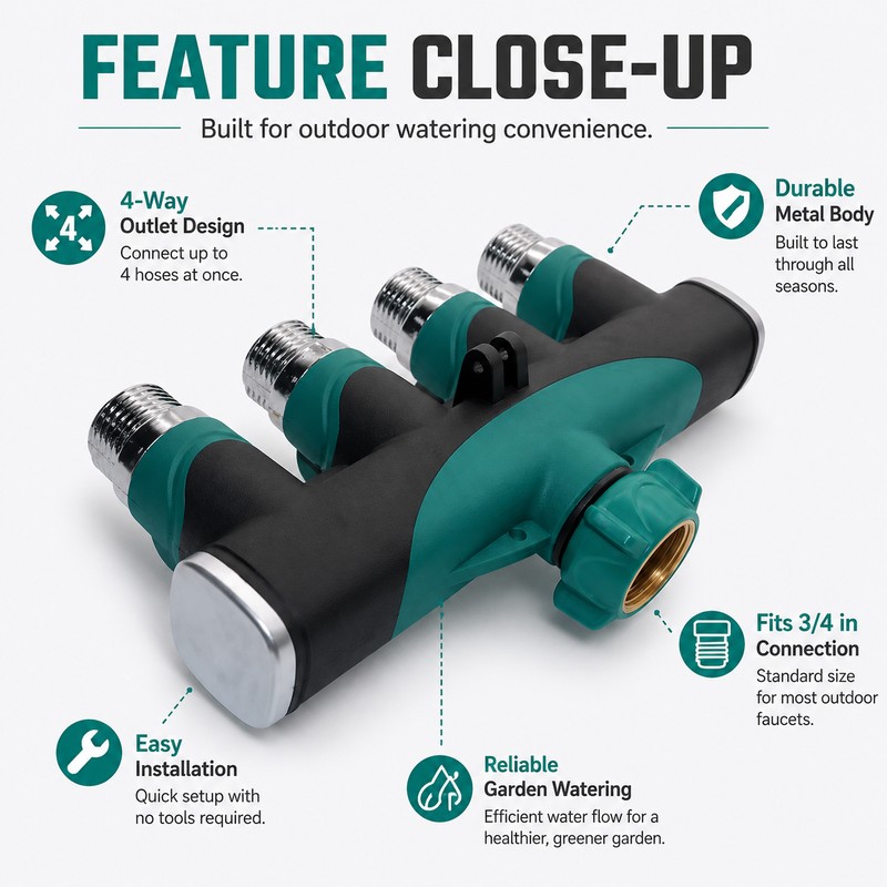 4-Way Garden Hose Connector for Outdoor Faucets – Zinc Alloy