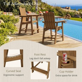 LUE BONA Tall Adirondack Chairs, HDPS Wave Design Poly Adirondack Bar Stools with Cup Holder, 25.6", All-Weather Outdoor Bar stools, Heavy Duty Balcony Chair for Deck,Backyard,Teak Color-Oil Printed