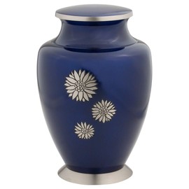 Flowers of Peace Cremation Urn for Ashes, Brass, Blue Urn, Adult Sized Cremation Urn, 10 Inches High