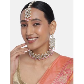 Aheli Indian Traditional Gold Plated Kundan Pink Faux Pearl Wedding Bridal Choker Necklace Jewelry Set with Earring Maang Tikka for Women Girls