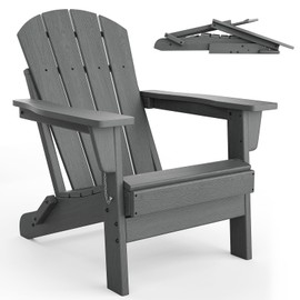 Folding Adirondack Chair, HDPE Outdoor All-Weather Fire Pit Chairs, Outdoor Wooden Lounge Chair, Modern Lounger Adirondack Chairs Ergonomic Extended Backrest for Deck, Patio, Pool, Backyard, Grey