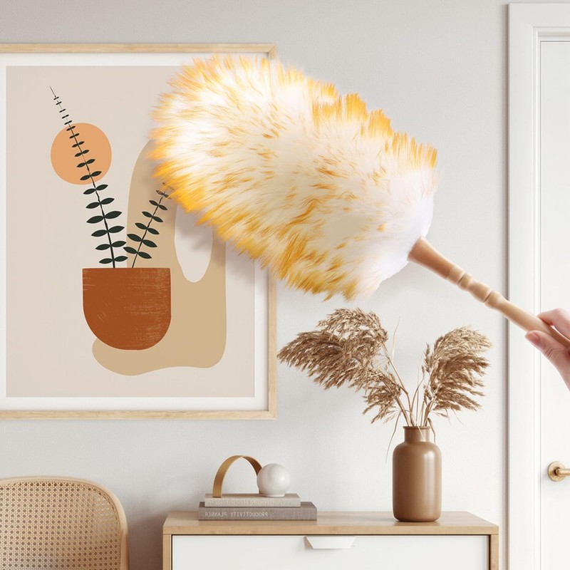 FeelfunFeather Lambswool Duster with Solid Wooden Handle,Leather Hang Strap,Comfortable Grips
