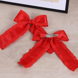 4in Red Ruffle Ribbon Hair Bows Long Tail for Toddler Teens Girls Solid Satin Hair Ribbon Clip Barrettes Alligator Hairpins Kids Valentines New Year Dress Decor Accessories Xmas Gift