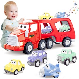 5 en 1 Carritos Juguetes Niño 3 a 8 Años, Camiones de Transporte Gran Cargado con 3 Mini Coches de Juguetes y 1 Avión, Carros Juguete con Sonido, Regalo para Fiesta, Navidad, Cumpleaños, Día de Niños