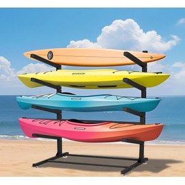Freestanding Kayak Rack, Heavy-Duty 4-Tier Adjustable Paddle Board Canoe Storage Stand W/Non-Slip EVA Pad, Powder-Coated Steel, Weather-Resistant, Holds 400 lbs Kayak Storage Racks for Garage Outdoor