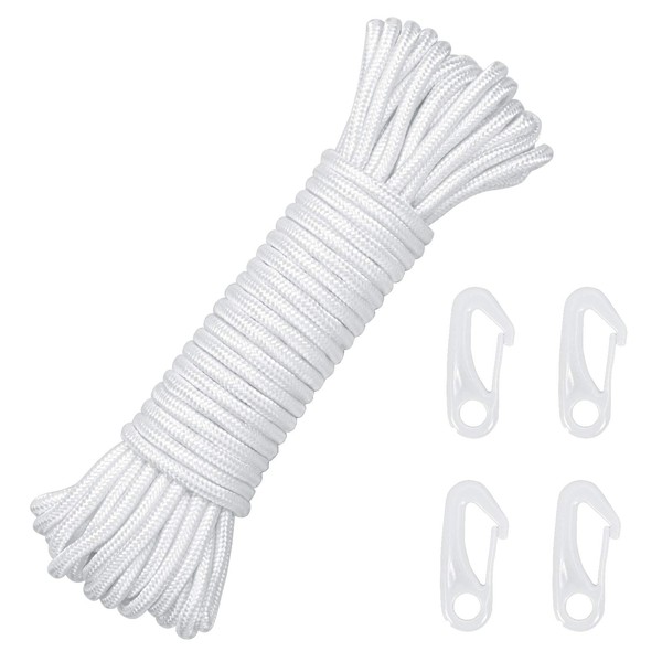 LOPOTIN 15M 6mm Nylon Flag Rope Flagpole Rope Pole Flag Halyard Line White Flagline Halyard Double Braided with 4 Hook Clips Replacement for Sailing Rigging Garden Bundling Outdoor Hanging Clothes