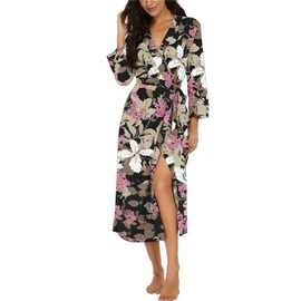 VINTATRE Women Kimono Robes Long Knit Bathrobe Lightweight Soft Knit Sleepwear V-neck Casual Ladies Loungewear FP-Big Leaf Pink-Large