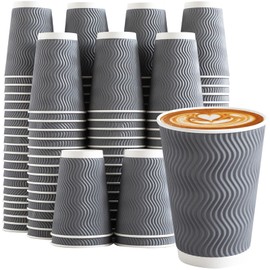 Clawsoff Coffee Cups 12 oz 120 Pack, Corrugated Insulated Ripple Wall Disposable Paper Coffee Cups 12oz, To Go for Hot Beverage or Cold Drinks Office/Home/Cafe/Party/Travel (Gray)