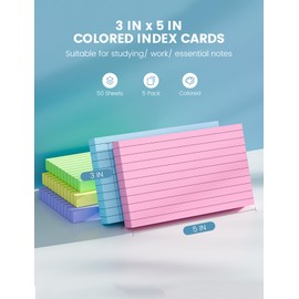 3x5 Index Cards Colored Note Cards, 250 PCS Ruled Index Cards 3x5, Lined Index Flashcards 3 x 5, Color Flash Cards for Studying, Lined on Front, Blank on Back, 3x5 Recipe Cards, Notecards for Office