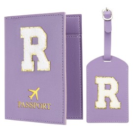 PATIKIL Passport Holder for Travel, Initial Passport Cover and Luggage Tag Set with Alphabet Chenille Letter Patch Travel Wallet Bag Suitcase Identifier for Women Family Travel Purple R