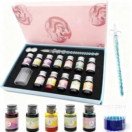 ASXMA Calligraphy Dip Pen Set - 12 Colorful Inks, Glass Pen Holder, Glass, Crystal Pen for Art Writing, Drawing, Signatures, Decoration,Holiday Gift Set Calligraphy Beginners