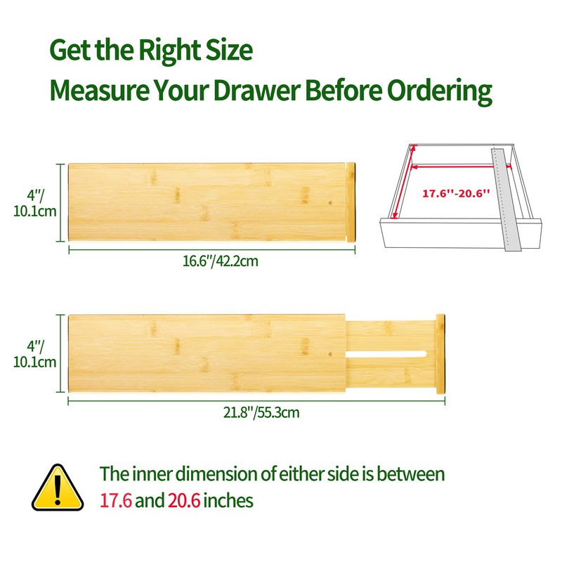 VaeFae 3 Pack Bamboo Drawer Dividers, 4" High Adjustable 16.6"