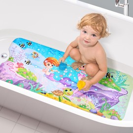 Baby Bath Mat for Tub Non Slip Kids, 40 X 16 Inch Extra Long Bathtub Mat with Drain Holes and Suction Cups, Anti Slip Shower mat Machine Washable, Mermaid