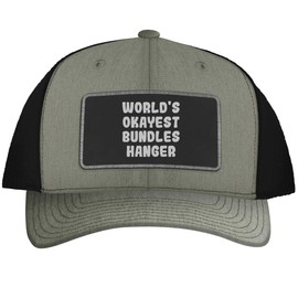 World's Okayest Bundles Hanger - Leather Black Patch Engraved Trucker Hat, Heather-Black, One Size