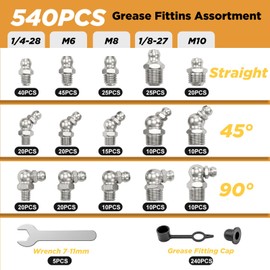 VIGRUE SAE & Metric Grease Fittings Kit, 540PCS Grease Zerk Fittings Assortment NPT 1/4" 1/8" M6 M8 M10 Straight 45 90 Degree Grease Nipples with Caps and Wrench Kit(7-11Mm) for Grease Gun