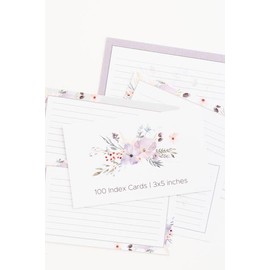 100 Floral Index Cards by Pure Print and Design | Floral Flash Cards Perfect For Study Sessions & Learning | 100 Cards of Premium Quality with 5 Different Designs | White, Purple and Gray | 3x5 inches