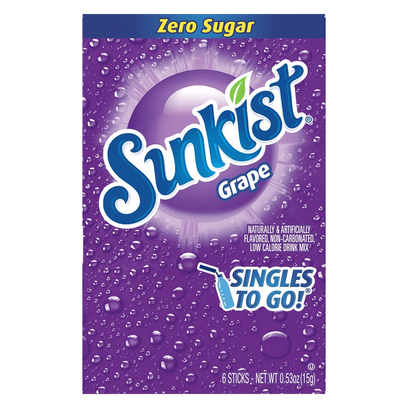 Sunkist Singles-To-Go Drink Mix, Grape, Non-Carbonated, Low-Calorie, Zero Sugar, 6