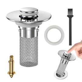 Bathroom Sink Stopper with Hair Catcher 2 in 1 Pop-Up Drain Filter with Removable Stainless Steel Basket Universal Fit for US Bathroom Sink Drain Strainer Hole Replacement.