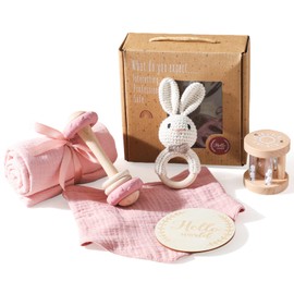 Newborn Gift Set 6 Pieces Baby Gift Set Girls Boy Bath Towels, Bib, Wooden Toy, Crochet Rabbit Rattle and Milestone Cards, Gift Packaging (Pink Suit + Rabbit)