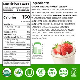 Orgain Organic Vegan Protein Powder, Strawberries & Cream - 21g Plant Based Protein, 4g Prebiotic Fiber, Low Net Carb, No Lactose Ingredients, No Added Sugar, Non-GMO, For Shakes & Smoothies, 2.03 lb