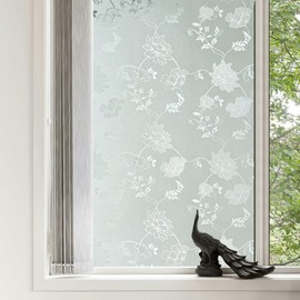 ANT Decorative Window Privacy Film, Frosted for Window Decorations Tinting, Non Adhesive Static Cling Removable Frosting All-Weather & Fade-Proof, Indoor Outdoor Use (Water Hibiscus, 17.7inch x 10ft)