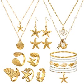 16-piece Seashell & Starfish Jewellery Set – Seashell Earrings, Rings, Boho Layer Necklace, Summer Beach Bracelets and Natural White Ankle Bracelet Set for Holiday & Vacations – Gift for Women