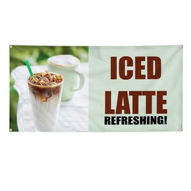 Vinyl Banner Multiple Sizes Iced Latte Refreshing! A Restaurant & Food Outdoor Weatherproof Industrial Yard Signs White 4 Grommets 12x30Inches