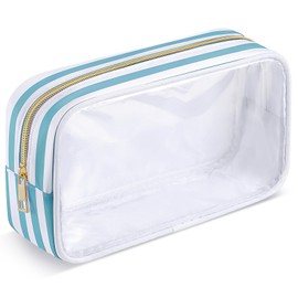 Kacctyen Clear Nylon Makeup Bag Preppy Cosmetic Bag Transparent Toiletry Pouch with Zipper Skincare Toiletry Pouch Portable Makeup Organizer for Women Travel(Green Stripe)