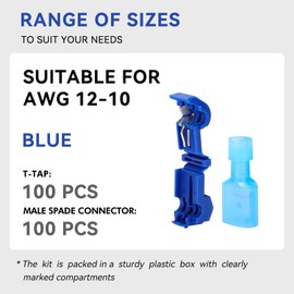 200PCS/100 Pairs T-Tap Quick Splice Disconnect Wire Terminals Spade Wire Connectors Bule 16-14 AWG Male Female Fully Insulated Electrical Automotive Car Crimp Insulated Self-Stripping Kit