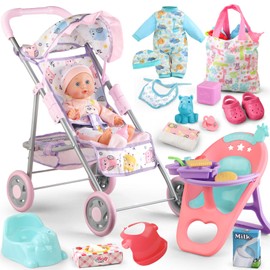 YIYBM Baby Doll Stroller Play Set with 12.5" Baby Doll,Dining Chair, 2 Sets Clothes and 20 PCS Doll Accessories. Stroller Toy for 3, 4, 5, 6 Year Old Toddler Girls for Realistic Pretend Play.